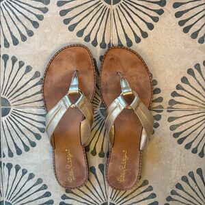Lilly Pulitzer Gold Thong Sandals.